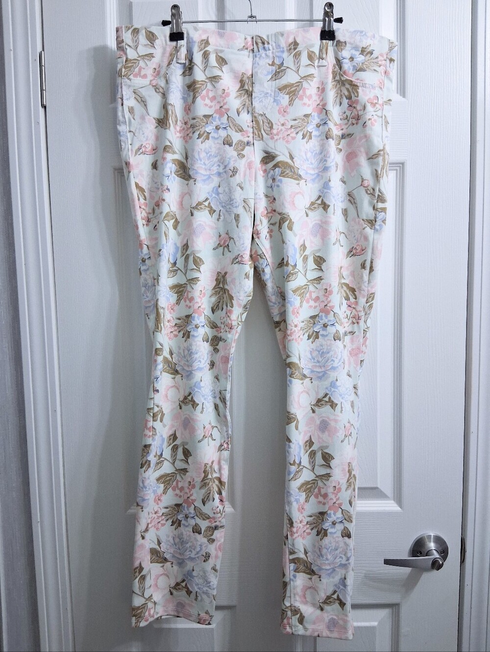 Mixit Floral Stretch Pants Pastel Flowers On White Pink Blue Botanical XL